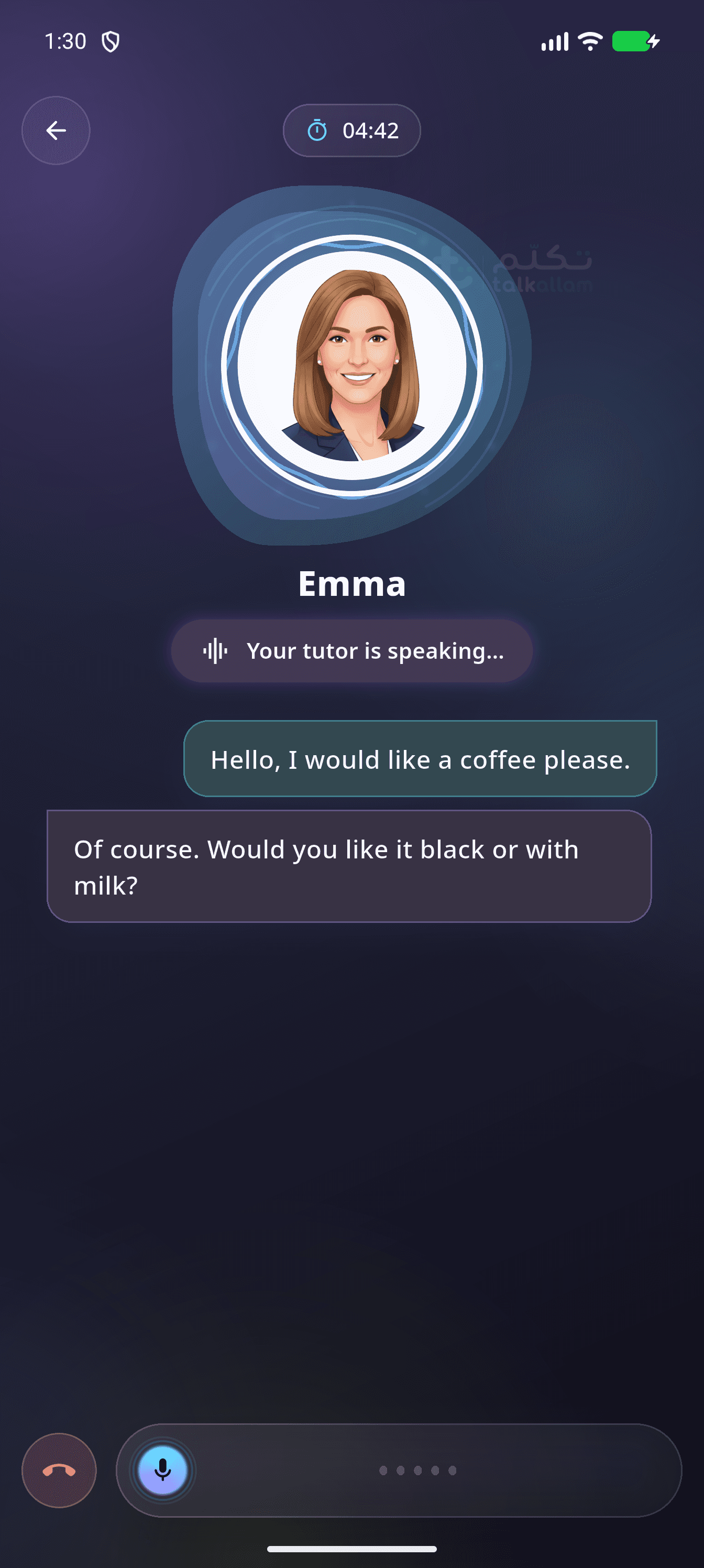 The real Talkallam voice-conversation screen during a demo learning session.