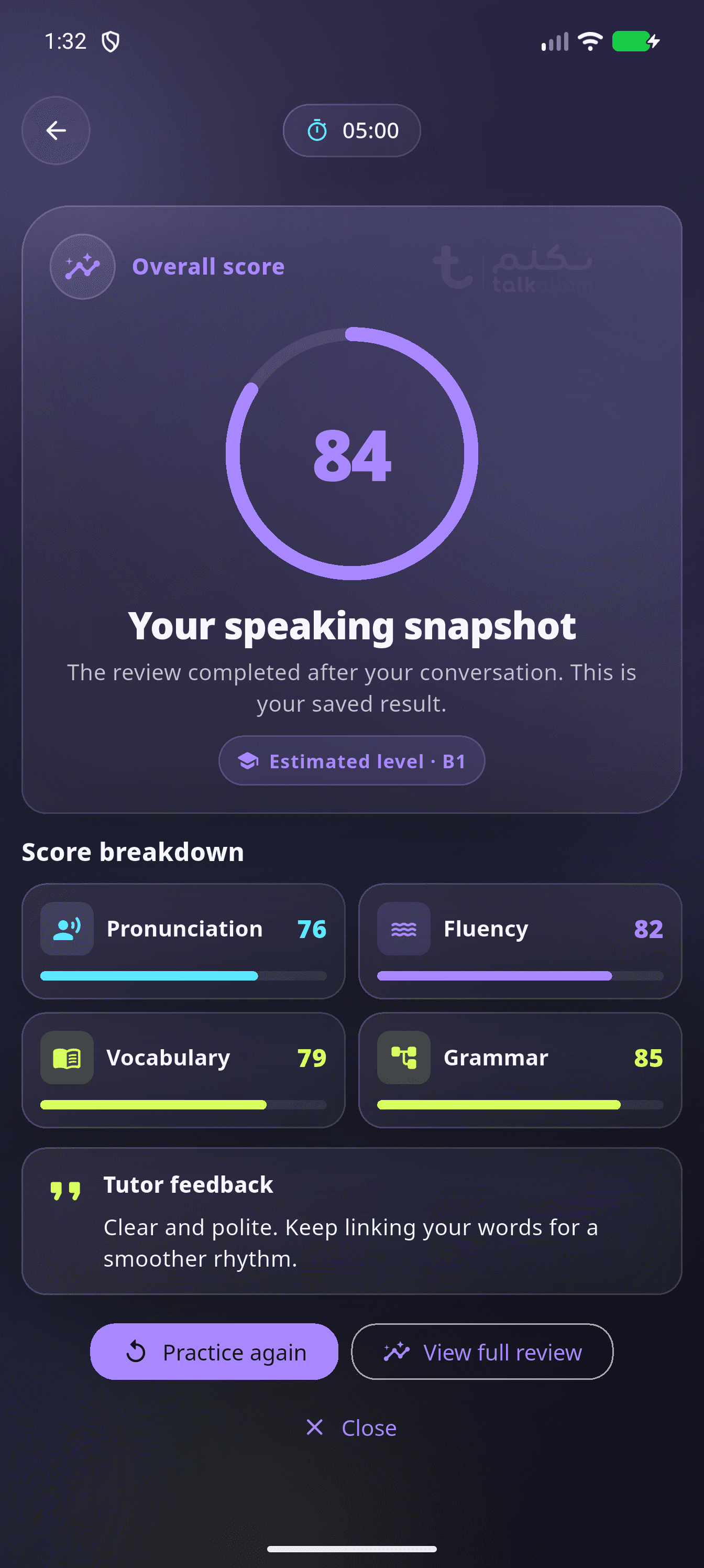 The real Talkallam conversation-result screen, showing feedback and corrections from a demo session.