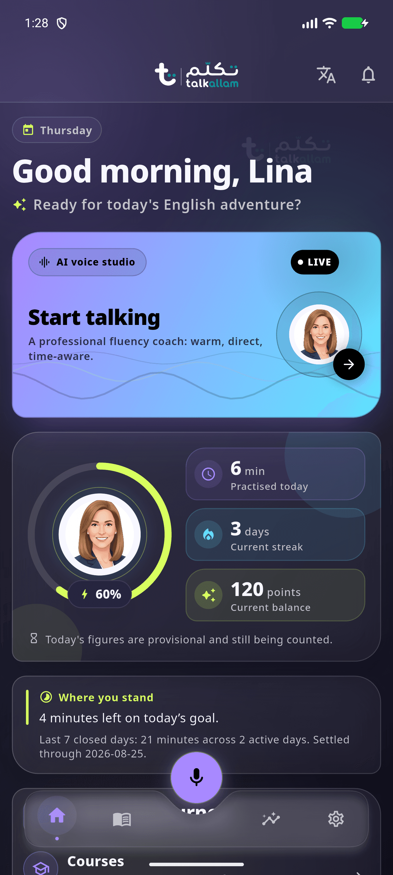 The real Talkallam home screen, showing the learner's suggested next step and progress summary from a demo account.